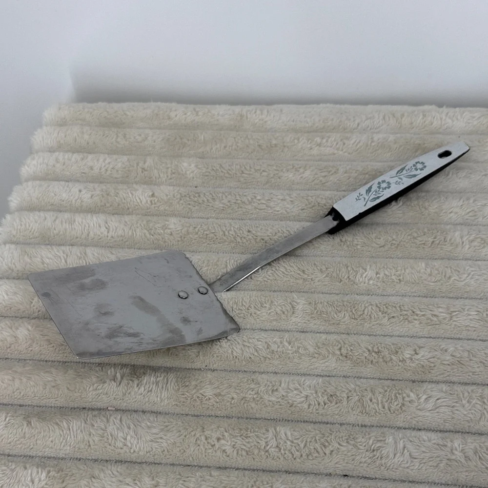 Vtg Stainless Steel Square Turner Spatula with White Floral Handle